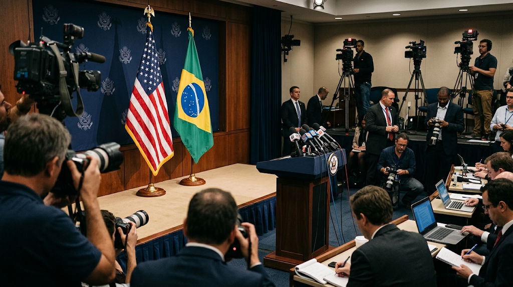 Sala de coletiva de imprensa com bandeiras do Brasil e dos Estados Unidos.